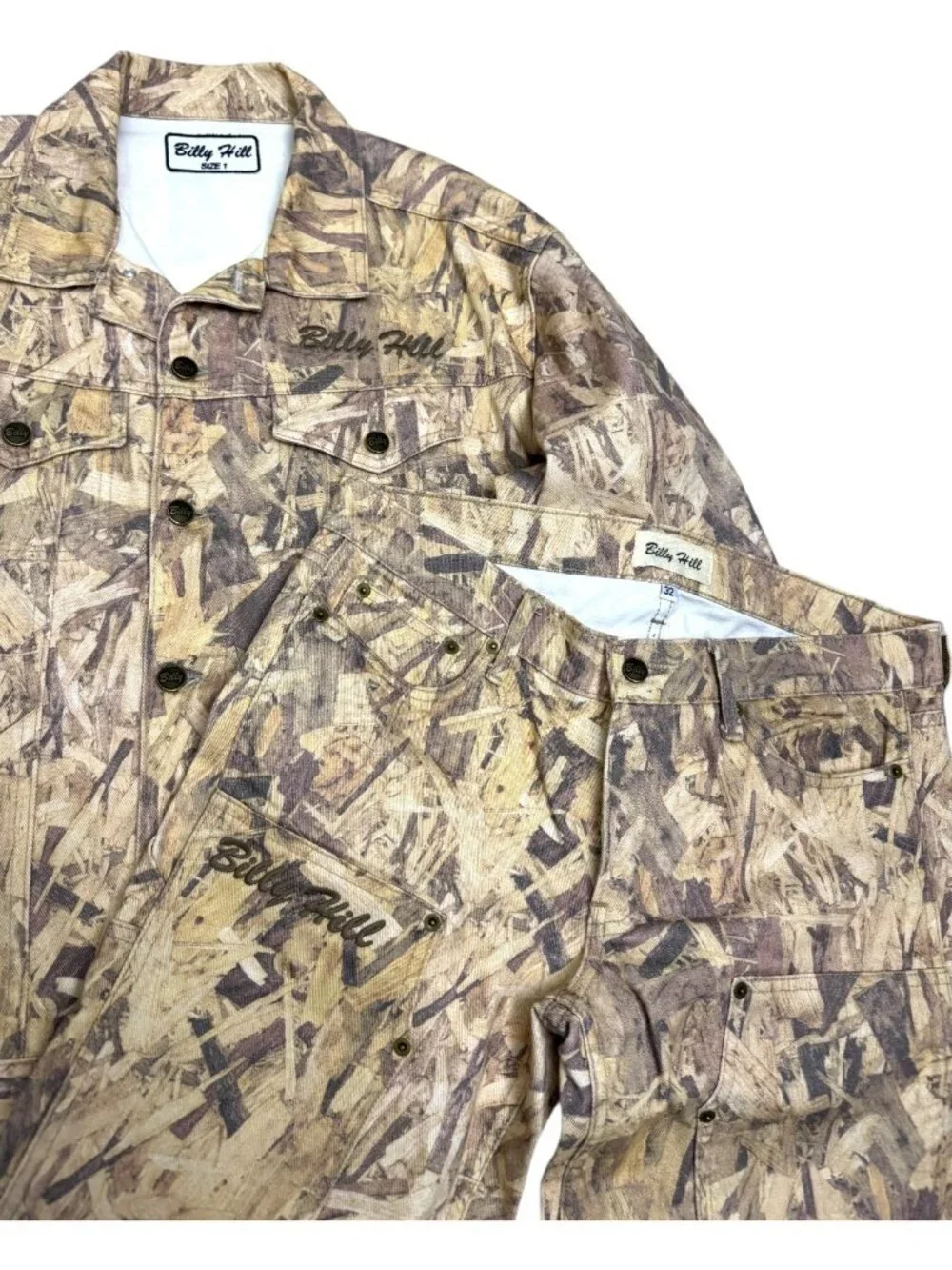 RARE BILLY HILL Wood CAMO Denim 2-Piece Streetwear Limited Jacket & Jeans - L
